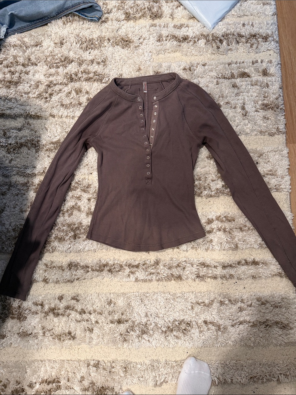 Free People Chocolate Brown Long-Sleeve Henley Ribbed Top